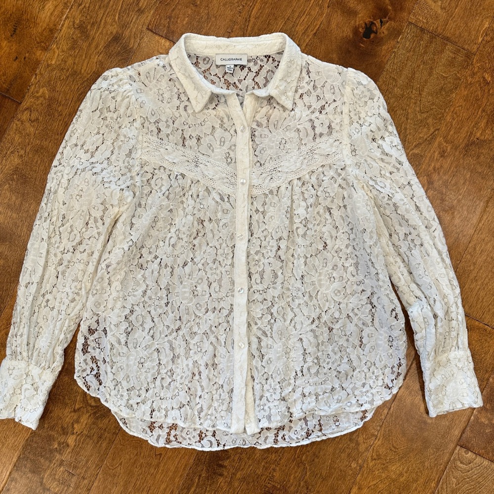 Anthropologie Calligraphie Lace Button Up Shirt Cream‎ Romantic Sheer Blouse M - Picture 2 of 12